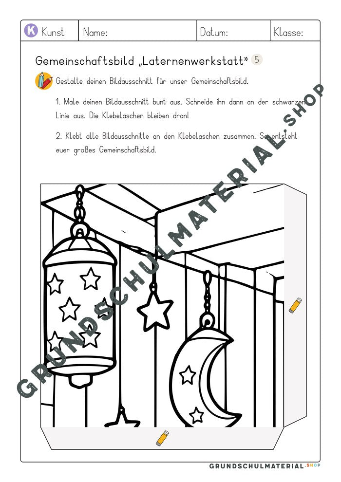 Gemeinschaftsbild Laternenwerkstatt: Arbeitsblatt Bildausschnitt 5 zum Ausmalen