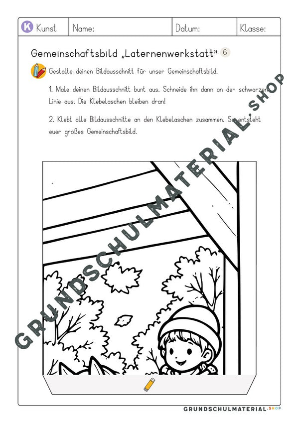 Gemeinschaftsbild Laternenwerkstatt: Arbeitsblatt Bildausschnitt 6 zum Ausmalen