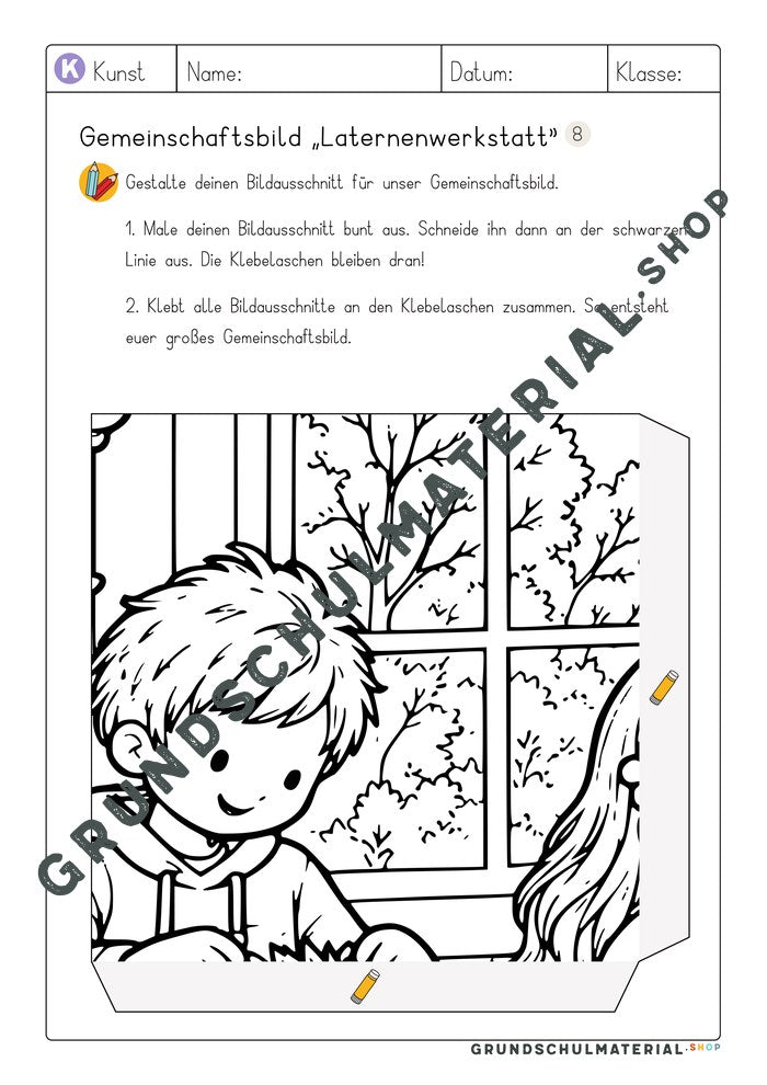 Gemeinschaftsbild Laternenwerkstatt: Arbeitsblatt Bildausschnitt 8 zum Ausmalen