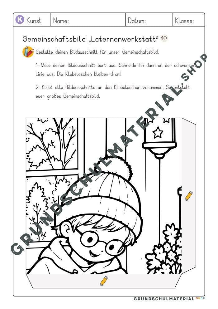 Gemeinschaftsbild Laternenwerkstatt: Arbeitsblatt Bildausschnitt 10 zum Ausmalen