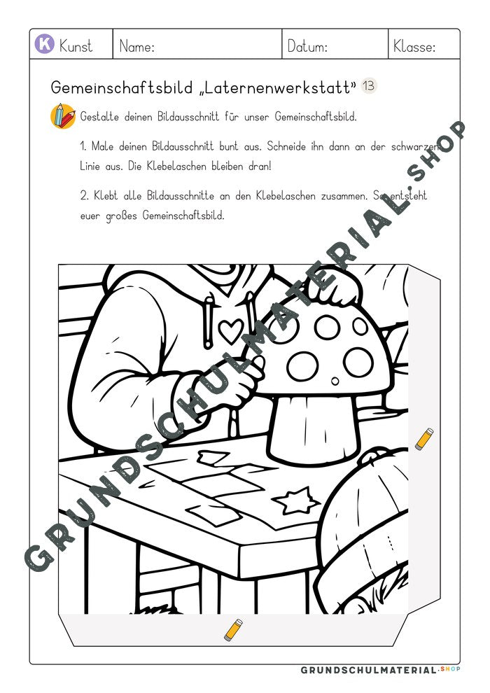Gemeinschaftsbild Laternenwerkstatt: Arbeitsblatt Bildausschnitt 13 zum Ausmalen