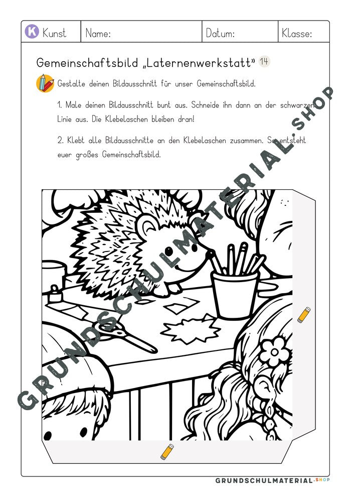 Gemeinschaftsbild Laternenwerkstatt: Arbeitsblatt Bildausschnitt 14 zum Ausmalen