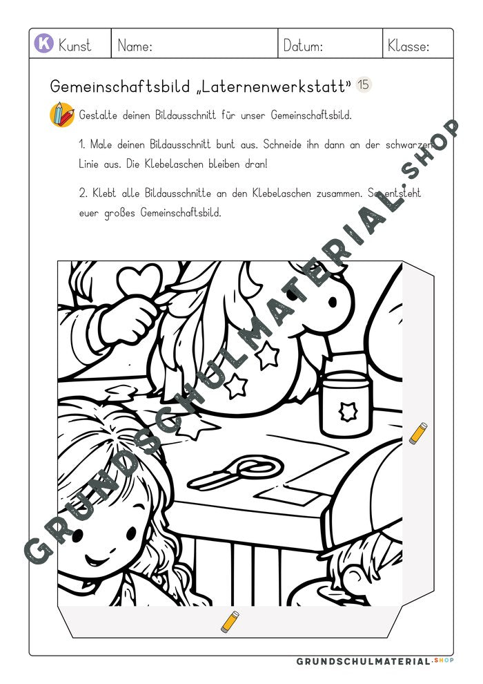 Gemeinschaftsbild Laternenwerkstatt: Arbeitsblatt Bildausschnitt 15 zum Ausmalen