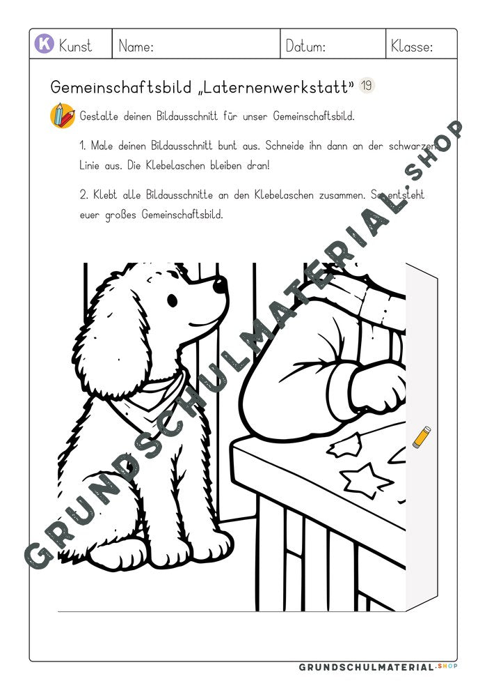 Gemeinschaftsbild Laternenwerkstatt: Arbeitsblatt Bildausschnitt 19 zum Ausmalen