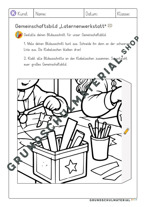 Gemeinschaftsbild Laternenwerkstatt: Arbeitsblatt Bildausschnitt 20 zum Ausmalen