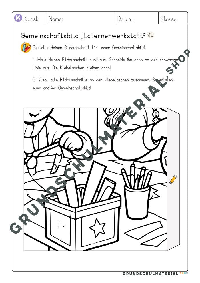 Gemeinschaftsbild Laternenwerkstatt: Arbeitsblatt Bildausschnitt 20 zum Ausmalen