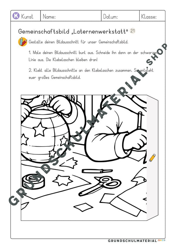 Gemeinschaftsbild Laternenwerkstatt: Arbeitsblatt Bildausschnitt 21 zum Ausmalen