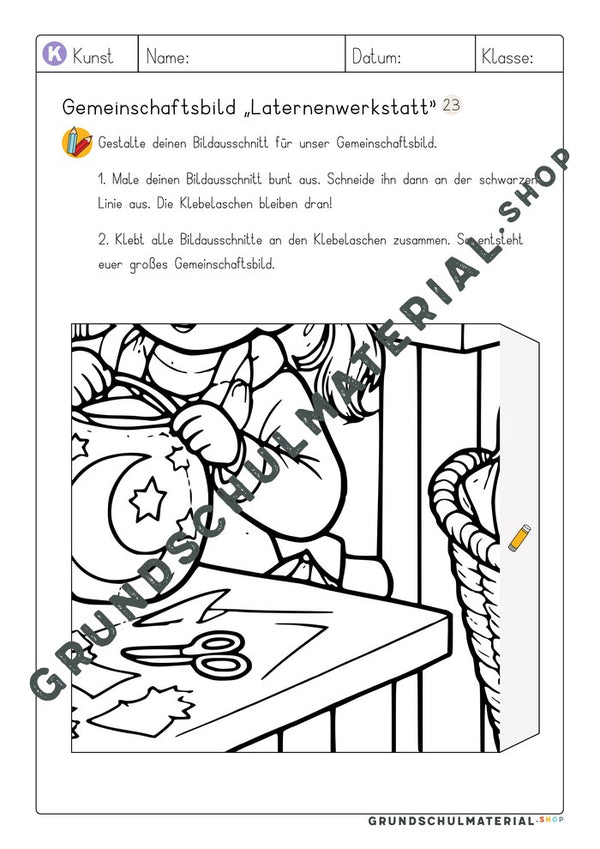 Gemeinschaftsbild Laternenwerkstatt: Arbeitsblatt Bildausschnitt 23 zum Ausmalen