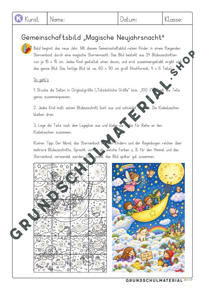Hinweise für Lehrkräfte mit Legeplan und bunter Vorschau des Neujahrs-Gemeinschaftsbilds