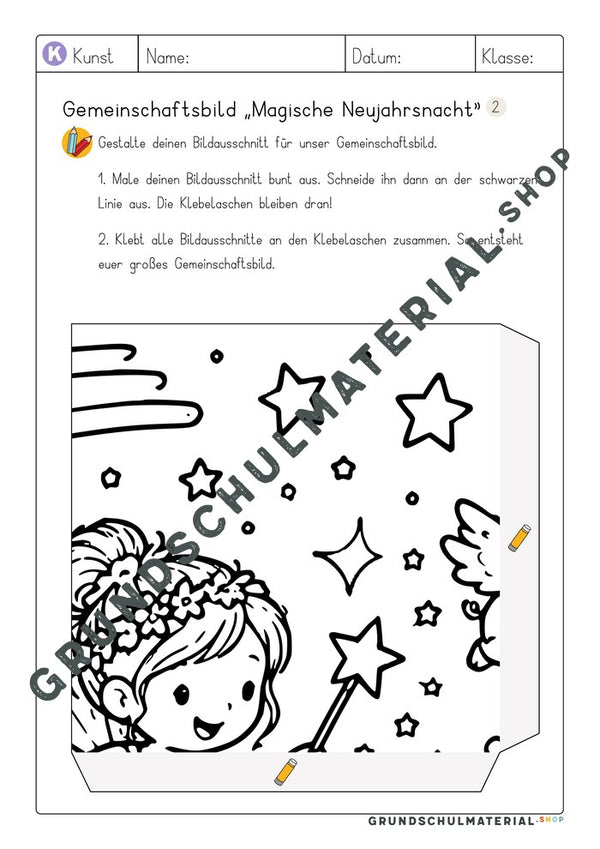 Gemeinschaftsbild Magische Neujahrsnacht: Arbeitsblatt Bildausschnitt 2 zum Ausmalen