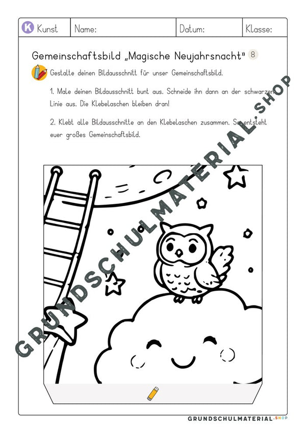 Gemeinschaftsbild Magische Neujahrsnacht: Arbeitsblatt Bildausschnitt 8 zum Ausmalen