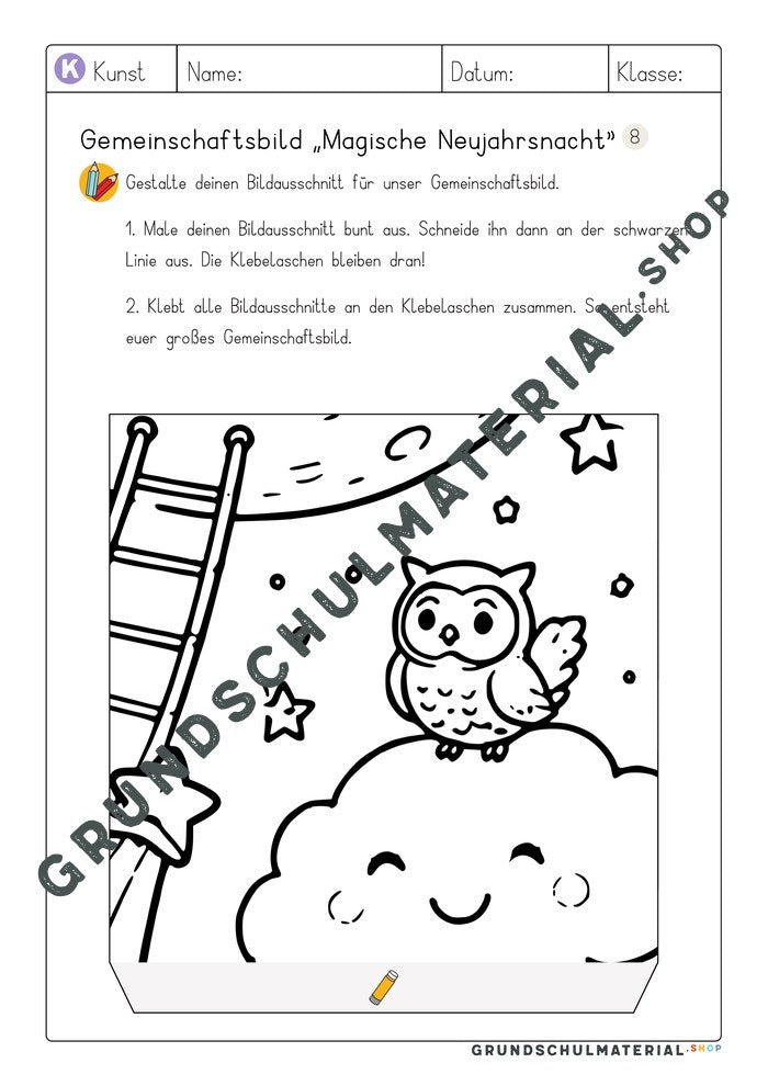 Gemeinschaftsbild Magische Neujahrsnacht: Arbeitsblatt Bildausschnitt 8 zum Ausmalen
