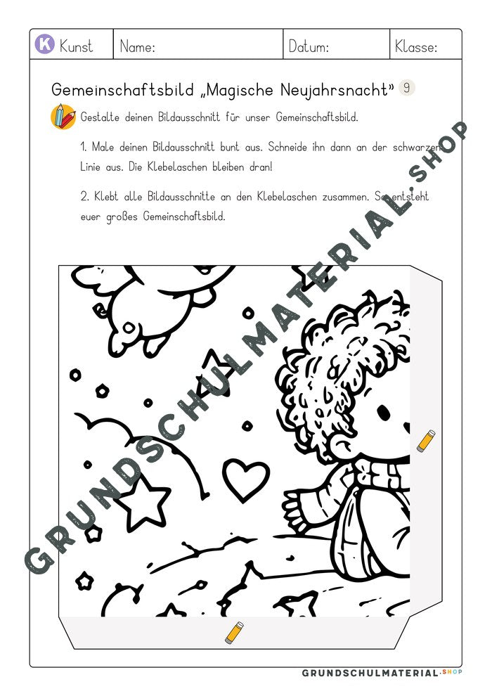Gemeinschaftsbild Magische Neujahrsnacht: Arbeitsblatt Bildausschnitt 9 zum Ausmalen