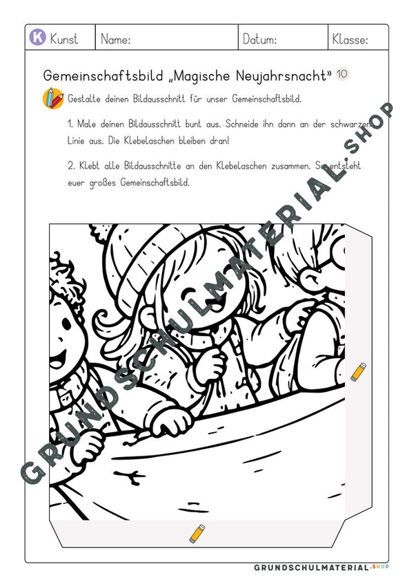 Gemeinschaftsbild Magische Neujahrsnacht: Arbeitsblatt Bildausschnitt 10 zum Ausmalen