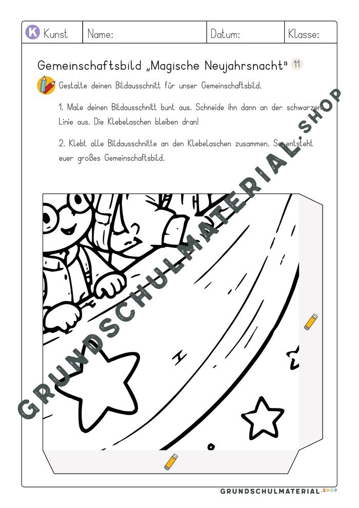 Gemeinschaftsbild Magische Neujahrsnacht: Arbeitsblatt Bildausschnitt 11 zum Ausmalen