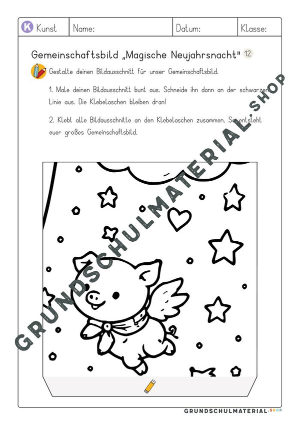 Gemeinschaftsbild Magische Neujahrsnacht: Arbeitsblatt Bildausschnitt 12 zum Ausmalen