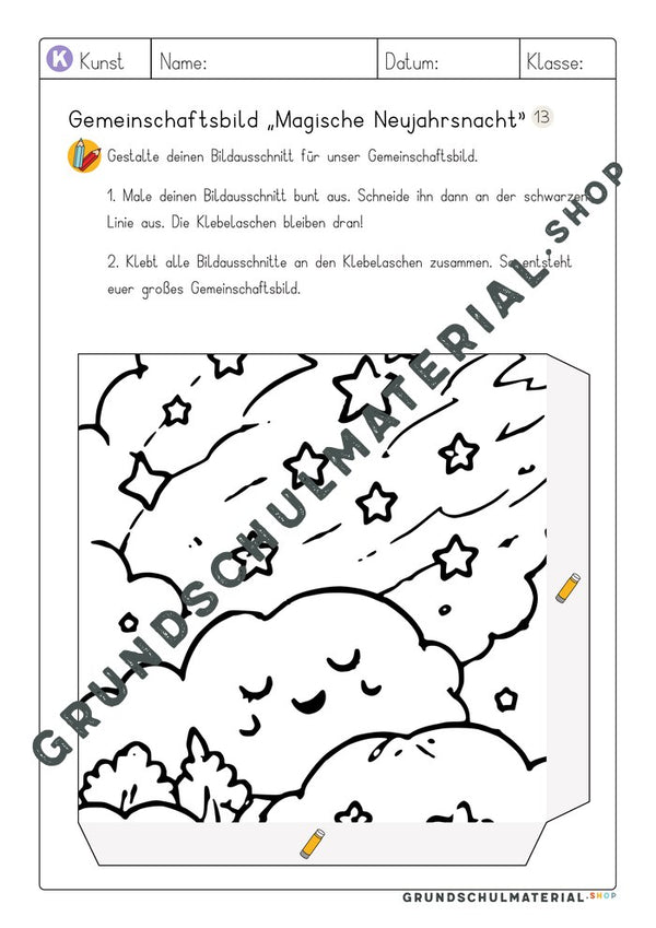 Gemeinschaftsbild Magische Neujahrsnacht: Arbeitsblatt Bildausschnitt 13 zum Ausmalen