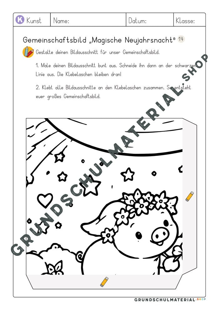 Gemeinschaftsbild Magische Neujahrsnacht: Arbeitsblatt Bildausschnitt 14 zum Ausmalen