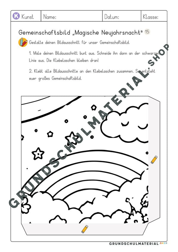 Gemeinschaftsbild Magische Neujahrsnacht: Arbeitsblatt Bildausschnitt 15 zum Ausmalen