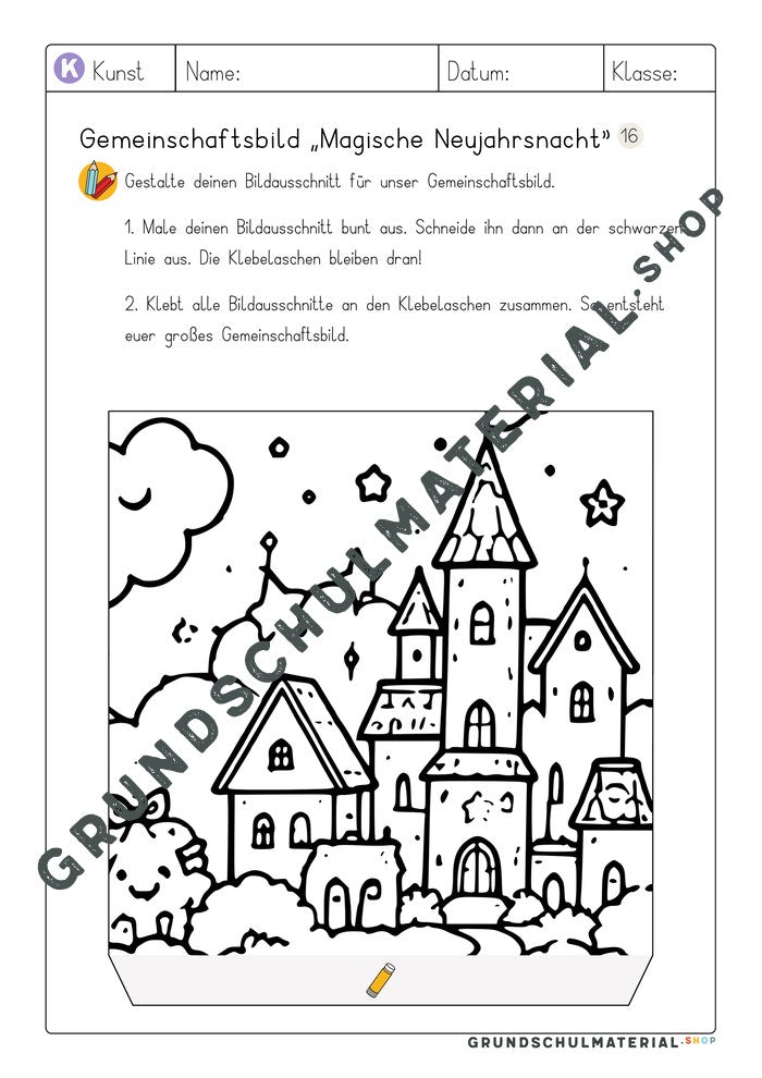 Gemeinschaftsbild Magische Neujahrsnacht: Arbeitsblatt Bildausschnitt 16 zum Ausmalen