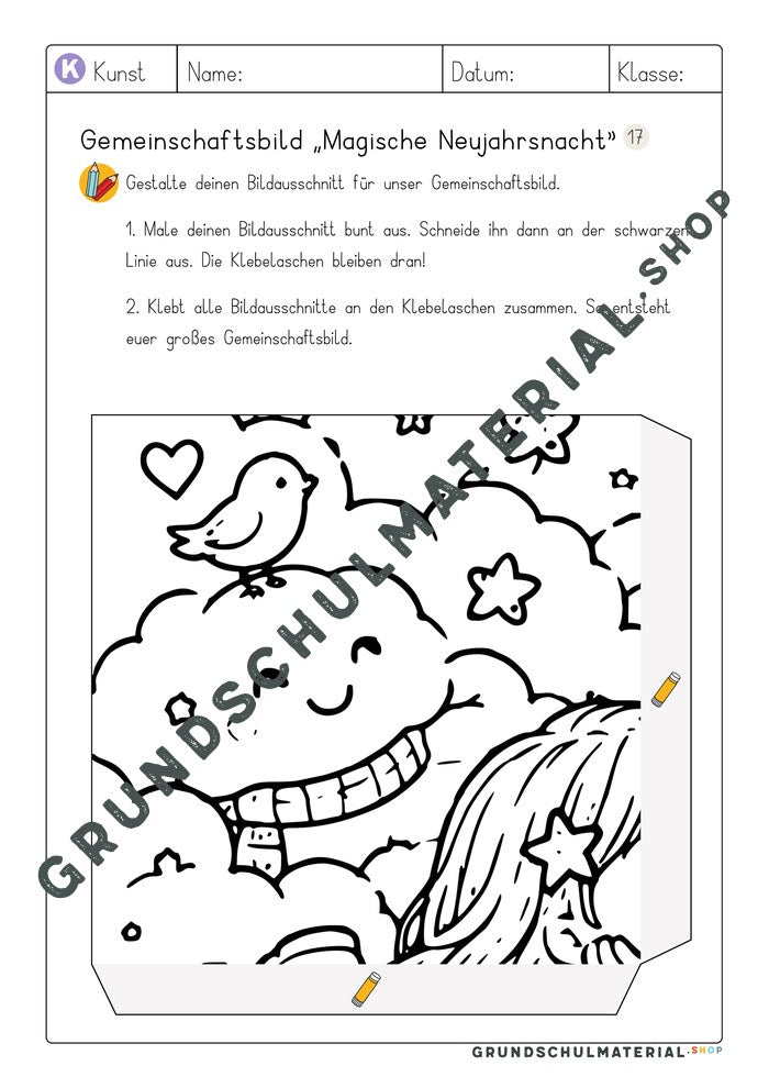 Gemeinschaftsbild Magische Neujahrsnacht: Arbeitsblatt Bildausschnitt 17 zum Ausmalen