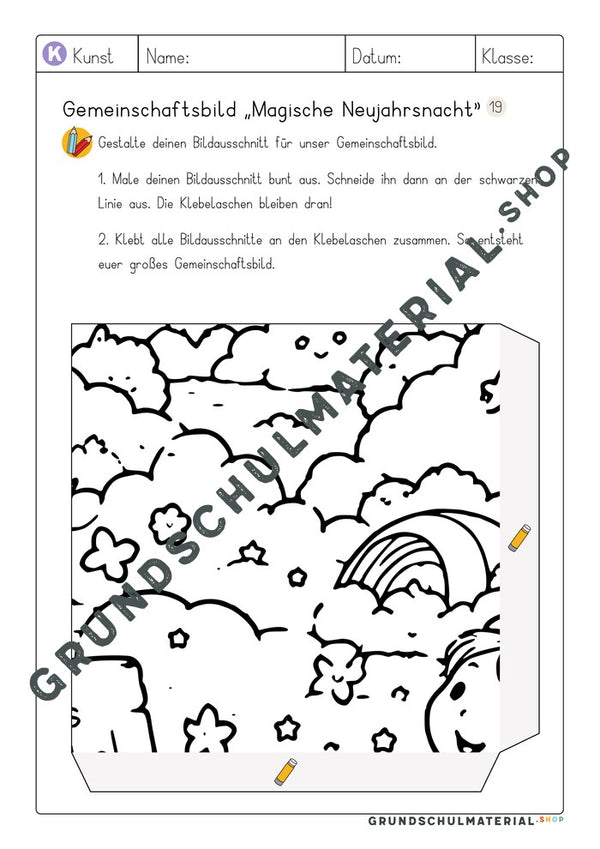 Gemeinschaftsbild Magische Neujahrsnacht: Arbeitsblatt Bildausschnitt 19 zum Ausmalen