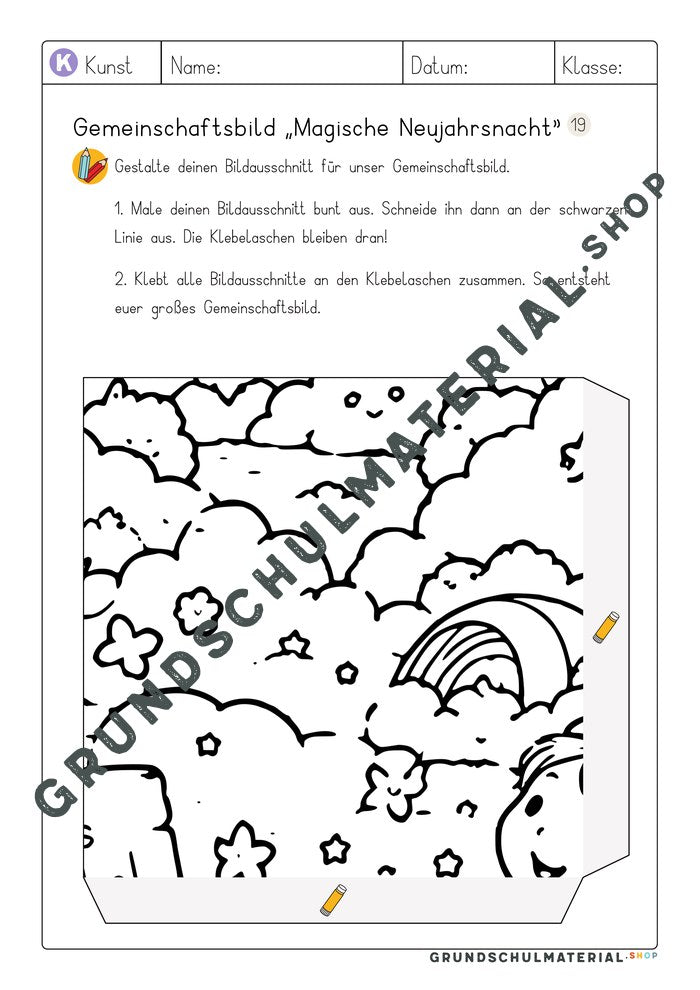 Gemeinschaftsbild Magische Neujahrsnacht: Arbeitsblatt Bildausschnitt 19 zum Ausmalen