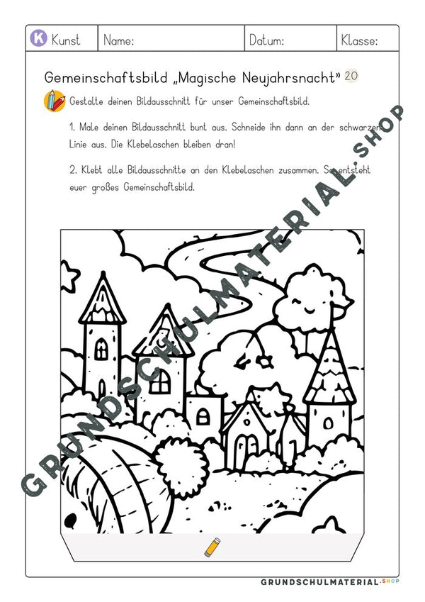 Gemeinschaftsbild Magische Neujahrsnacht: Arbeitsblatt Bildausschnitt 20 zum Ausmalen