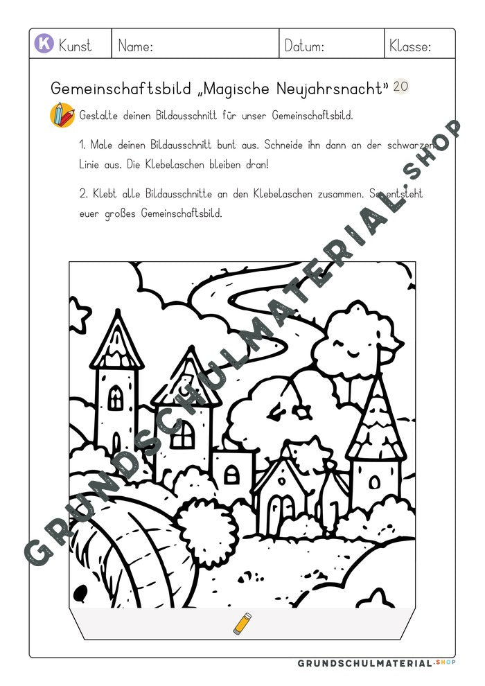 Gemeinschaftsbild Magische Neujahrsnacht: Arbeitsblatt Bildausschnitt 20 zum Ausmalen