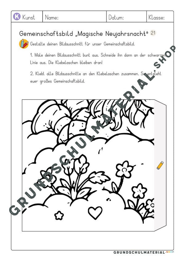 Gemeinschaftsbild Magische Neujahrsnacht: Arbeitsblatt Bildausschnitt 21 zum Ausmalen