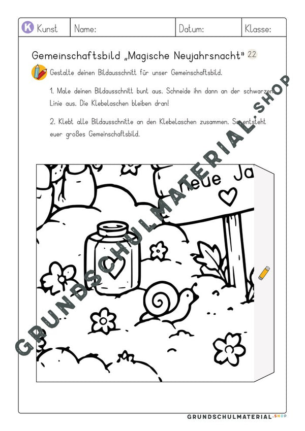 Gemeinschaftsbild Magische Neujahrsnacht: Arbeitsblatt Bildausschnitt 22 zum Ausmalen