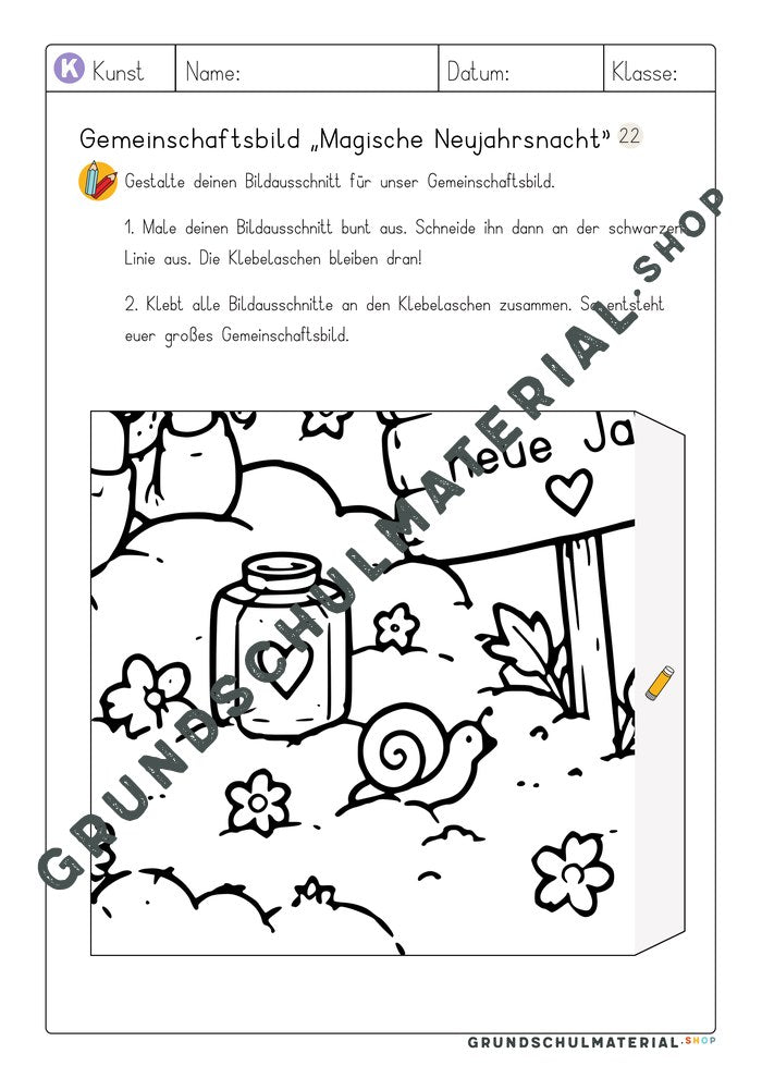 Gemeinschaftsbild Magische Neujahrsnacht: Arbeitsblatt Bildausschnitt 22 zum Ausmalen