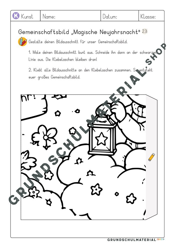 Gemeinschaftsbild Magische Neujahrsnacht: Arbeitsblatt Bildausschnitt 23 zum Ausmalen