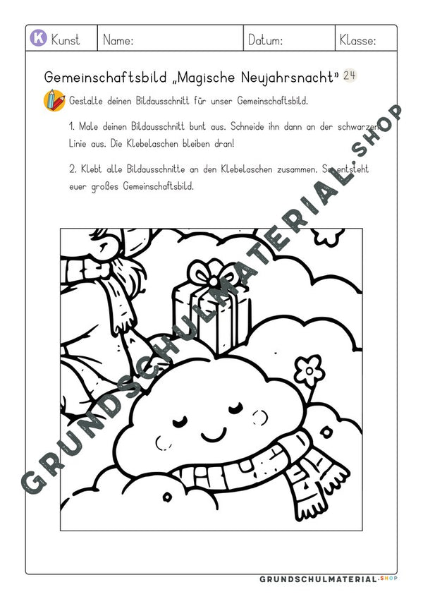 Gemeinschaftsbild Magische Neujahrsnacht: Arbeitsblatt Bildausschnitt 24 zum Ausmalen