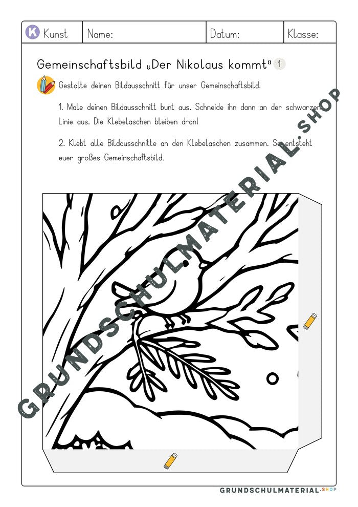 Arbeitsblatt Bildausschnitt 1 zum Ausmalen: Vogel auf einem verschneiten Ast