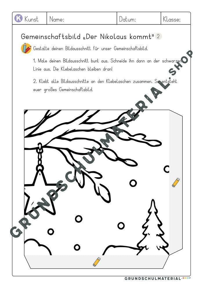 Arbeitsblatt Bildausschnitt 2 zum Ausmalen: Stern am Ast und Schneeflocken
