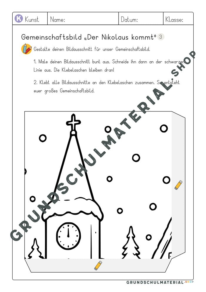Arbeitsblatt Bildausschnitt 3 zum Ausmalen: Kirchturm mit Uhr