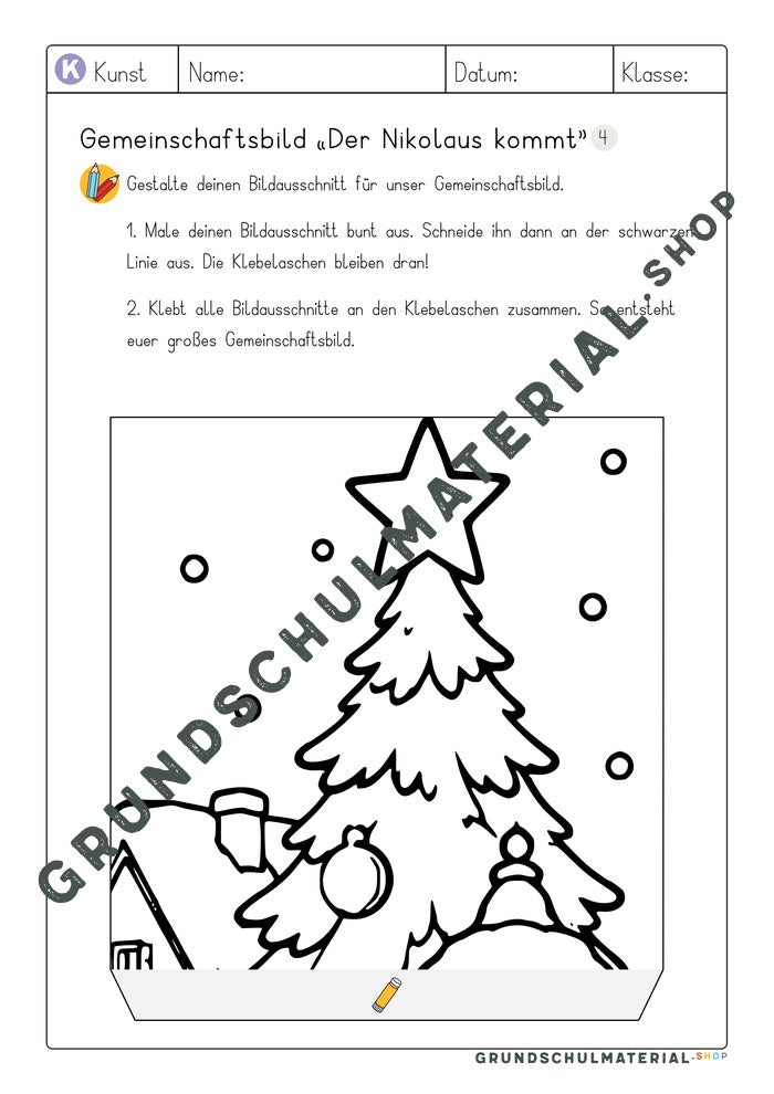 Arbeitsblatt Bildausschnitt 4 zum Ausmalen: Spitze des Weihnachtsbaums mit Stern