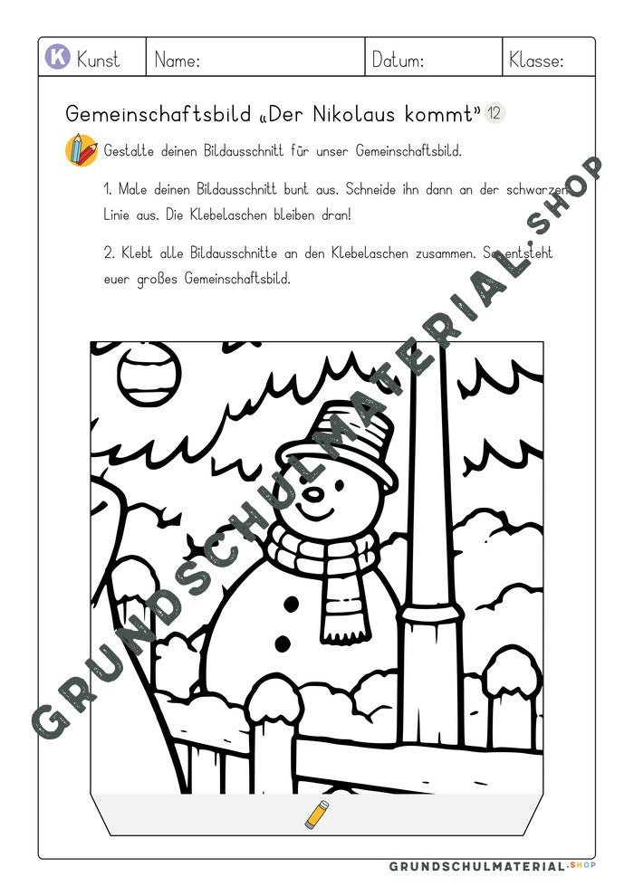 Arbeitsblatt Bildausschnitt 12 zum Ausmalen: Schneemann am Zaun