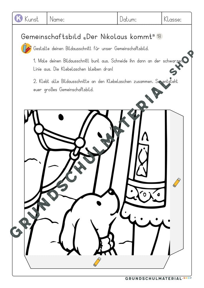 Arbeitsblatt Bildausschnitt 18 zum Ausmalen: Esel und Hund