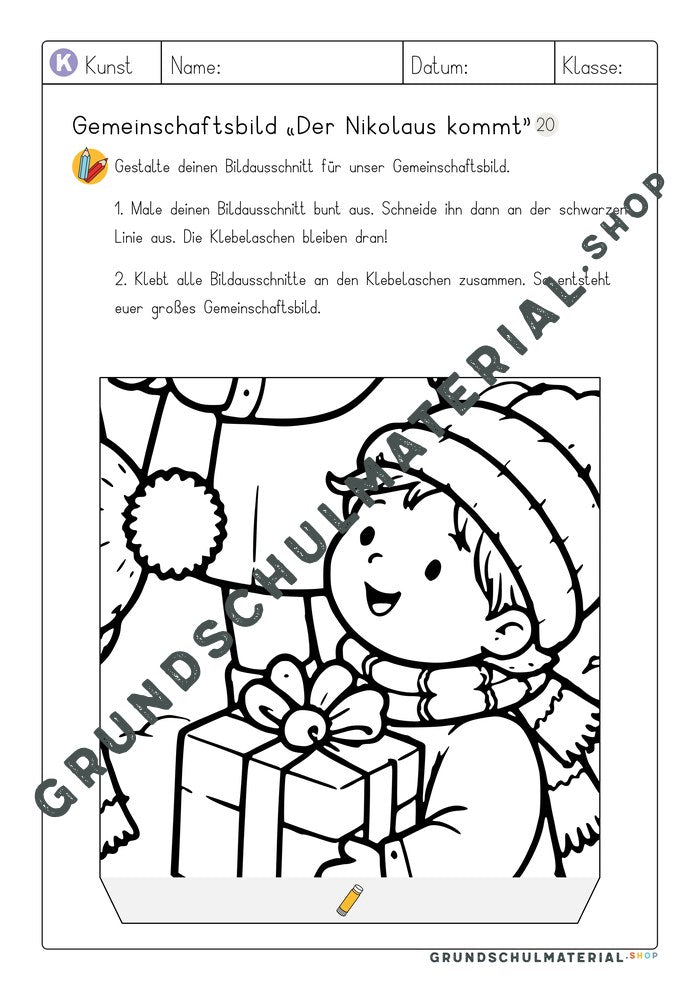 Arbeitsblatt Bildausschnitt 20 zum Ausmalen: Junge mit Geschenk