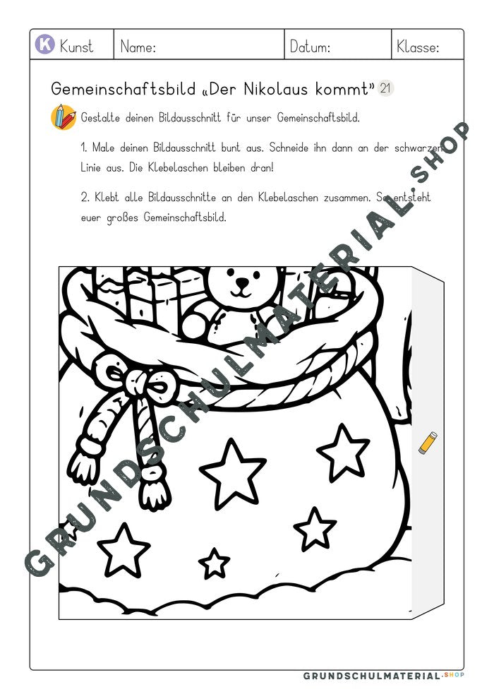 Arbeitsblatt Bildausschnitt 21 zum Ausmalen: Geschenkesack mit Sternen