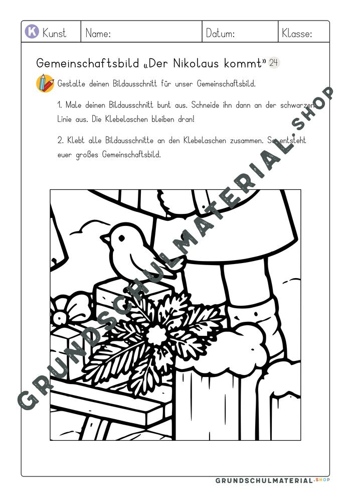 Arbeitsblatt Bildausschnitt 24 zum Ausmalen: Vogel und Geschenke auf dem Schlitten
