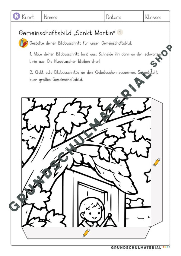 Gemeinschaftsbild Sankt Martin: Arbeitsblatt Bildausschnitt 1 zum Ausmalen