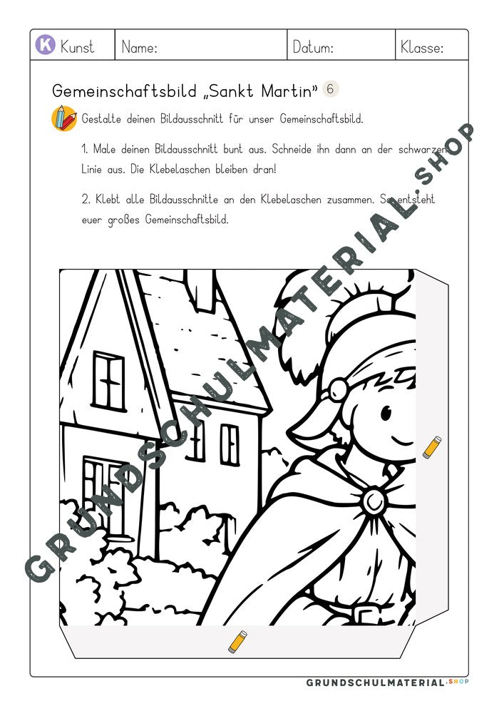 Gemeinschaftsbild Sankt Martin: Arbeitsblatt Bildausschnitt 6 zum Ausmalen