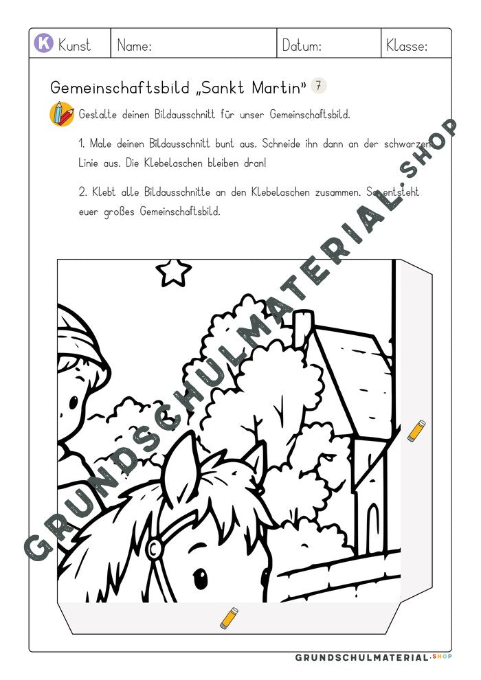 Gemeinschaftsbild Sankt Martin: Arbeitsblatt Bildausschnitt 7 zum Ausmalen