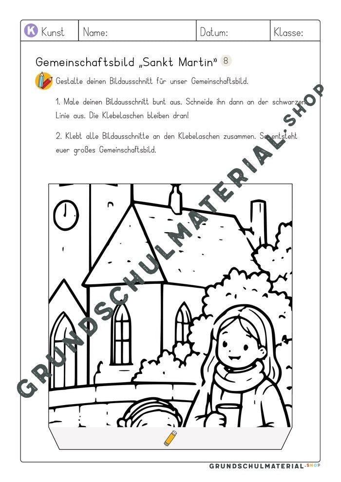 Gemeinschaftsbild Sankt Martin: Arbeitsblatt Bildausschnitt 8 zum Ausmalen
