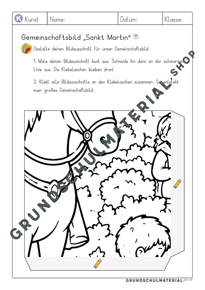 Gemeinschaftsbild Sankt Martin: Arbeitsblatt Bildausschnitt 11 zum Ausmalen