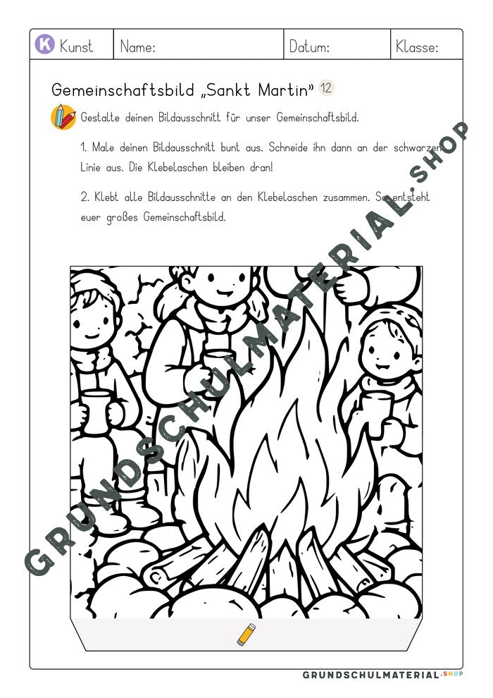Gemeinschaftsbild Sankt Martin: Arbeitsblatt Bildausschnitt 12 zum Ausmalen