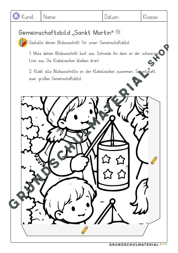 Gemeinschaftsbild Sankt Martin: Arbeitsblatt Bildausschnitt 13 zum Ausmalen
